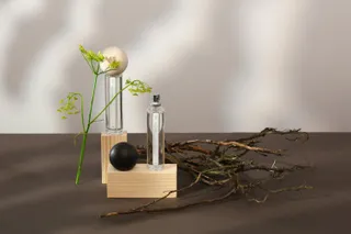 Two fragrance bottles in glass and wood stand on top of a brown slab with tree branches and a flower stem against a white background.