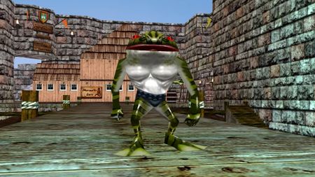 FrogLok stands on dock facing character menacingly