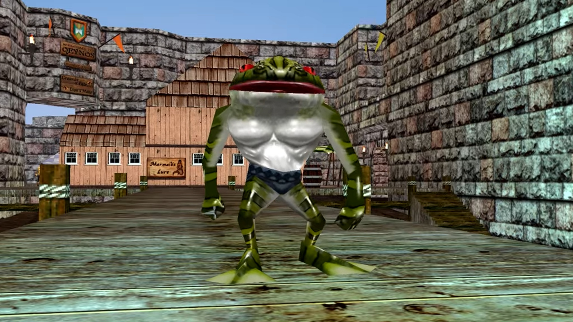 FrogLok stands on dock facing character menacingly