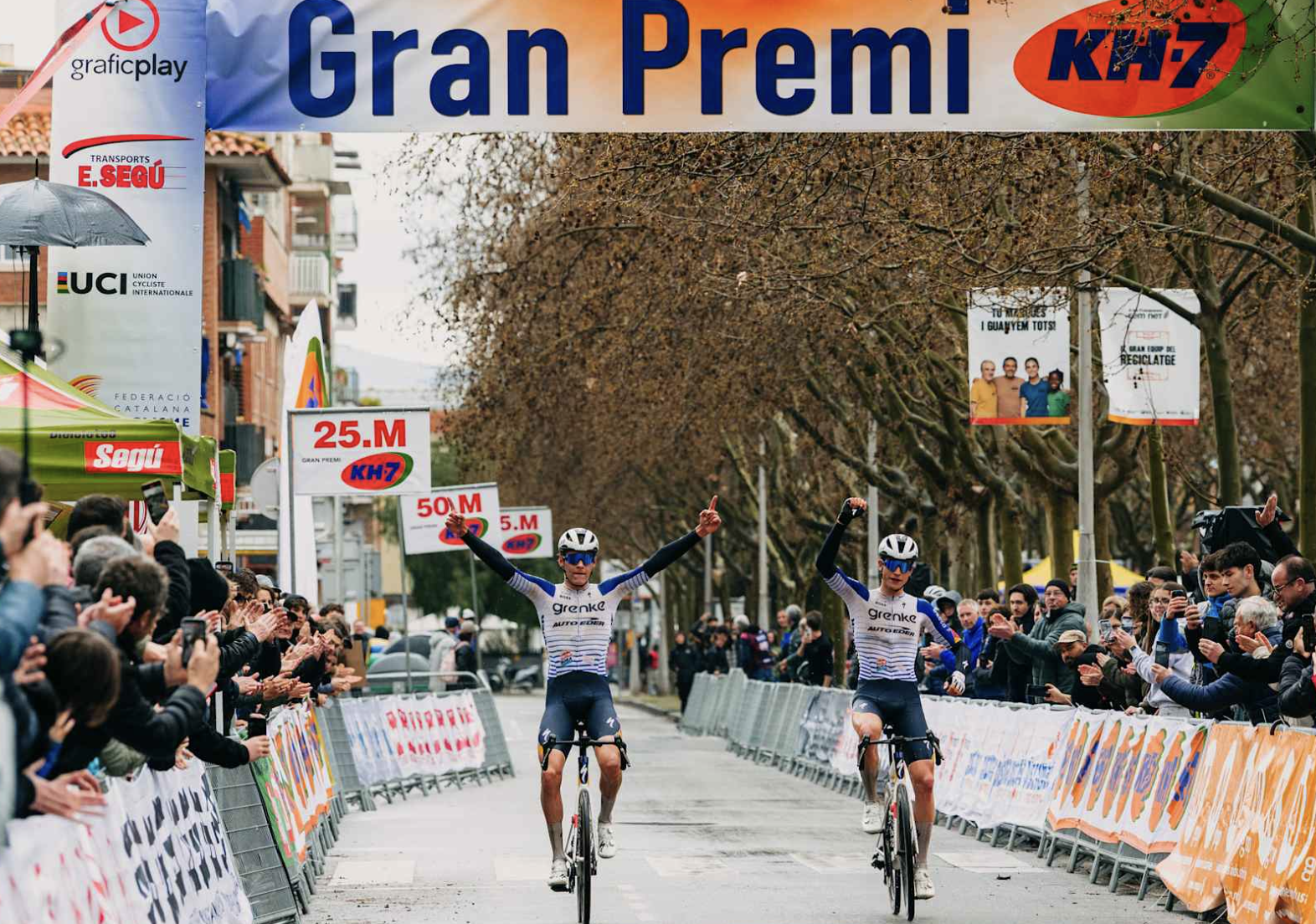 Enzo Hincapie (right) finishes second while teammate Julius Birkedal (left) celebrates the win at 2026 Gran Premi Les Franqueses