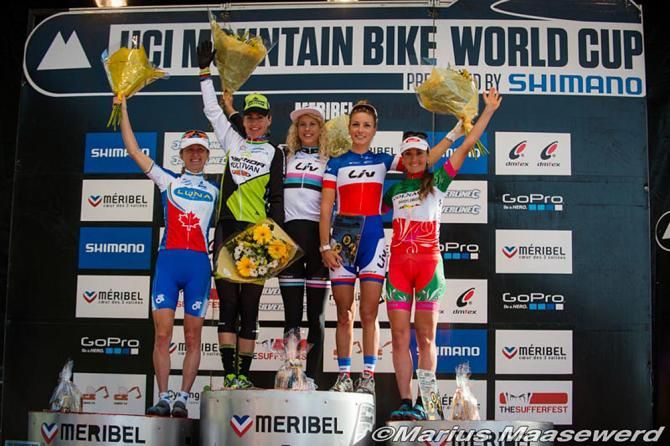 Women's podium: Catharine Pendrel, Gunn-Rita Dahle Flesjaa, Jolanda Neff, Pauline Ferrand Prevot, Eva Lechner