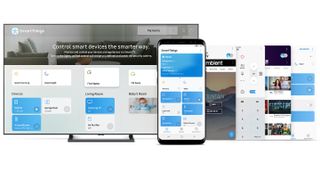 SmartThings app displayed on TV and cellphone