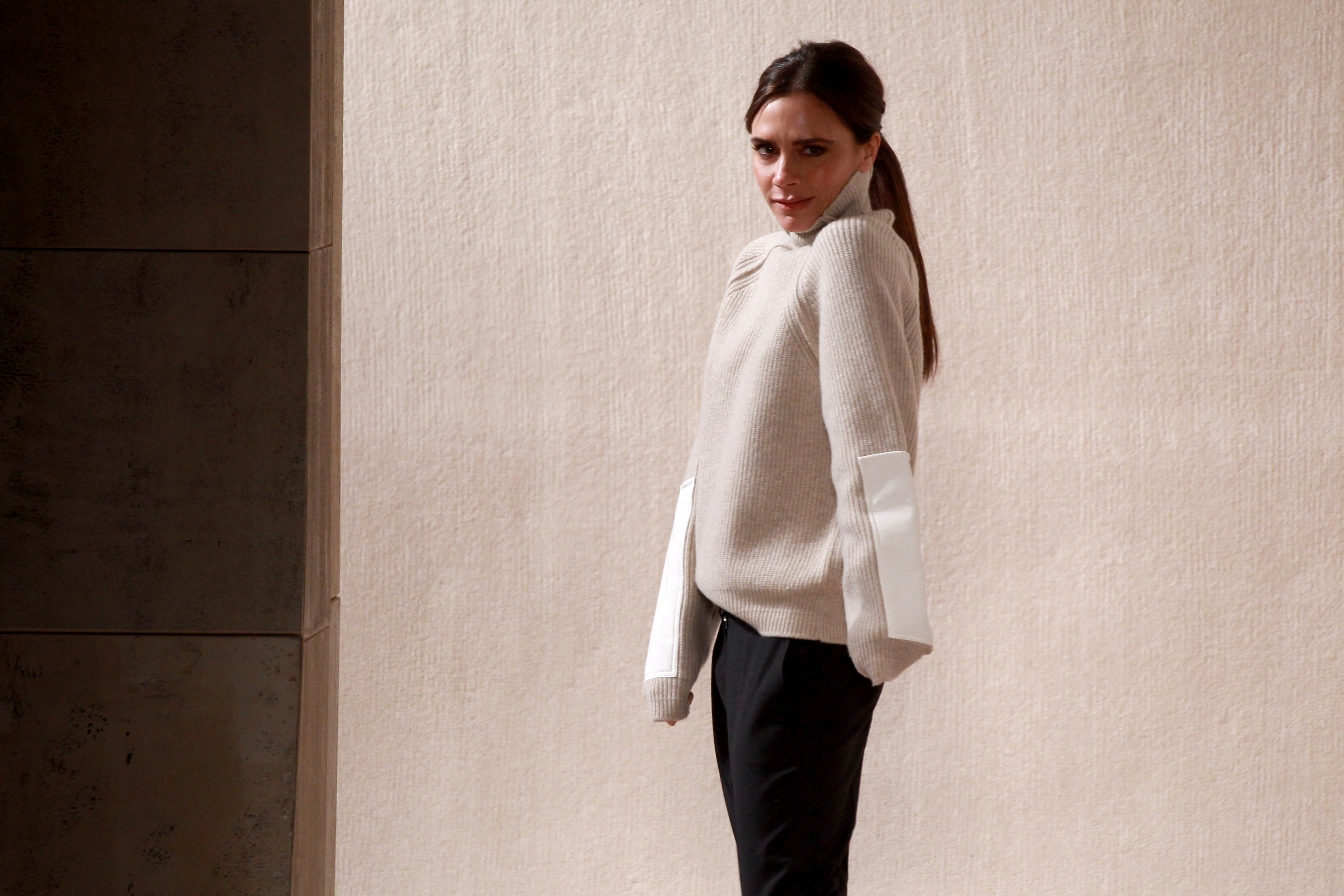 A model walks the runway wearing Victoria Beckham Fall 2016 during New York Fashion Week at The Cunard Building on February 14, 2016 in New York City.