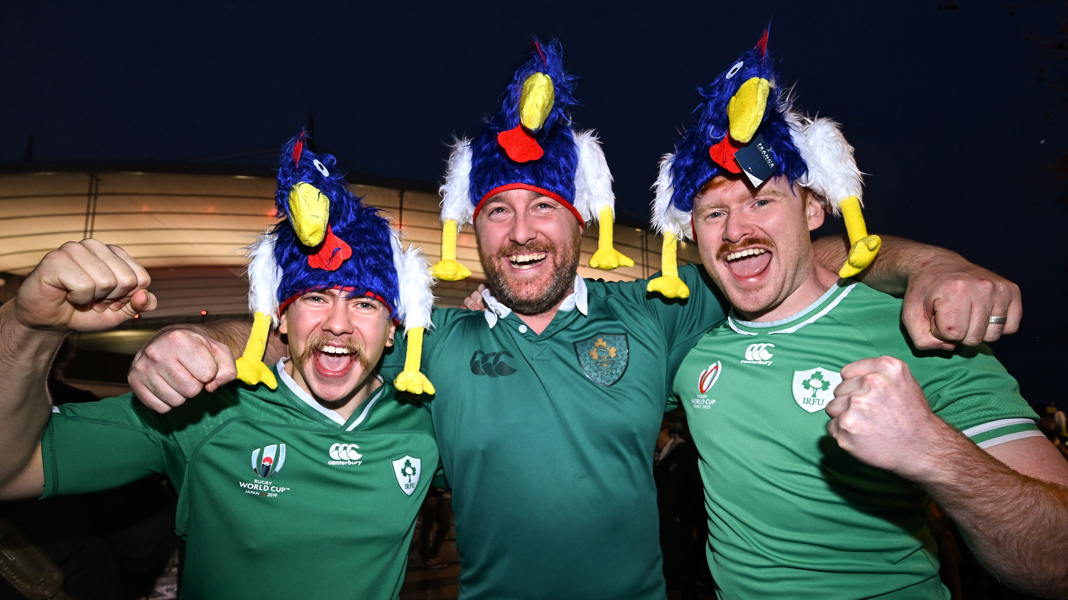 Paris , France - 5 February 2026; Ireland supporters, from left, Chris Riley, Aaron Whelan and Tom Eagie before the Guinness 6 Nations Rugby Championship match between France and Ireland at Stade de France in Paris, France. (Photo By Ramsey Cardy/Sportsfile via Getty Images)