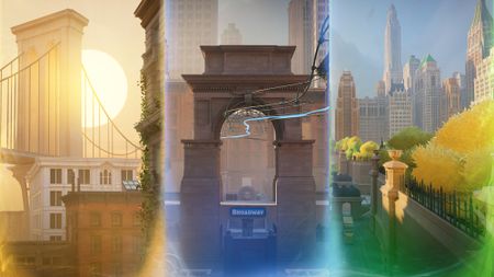 A triptych of views from Deadlock's improved map, showing a suspension bridge backlit by a setting sun, a triumphal arch with buildings in the background, and a leafy park overlooked by distant skyscrapers.