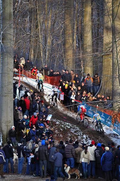 Petr Dlask (Telenet - Fidea Cycling Team) leads Niels Albet, Francis Mourey and Tom Meeusen up a climb.