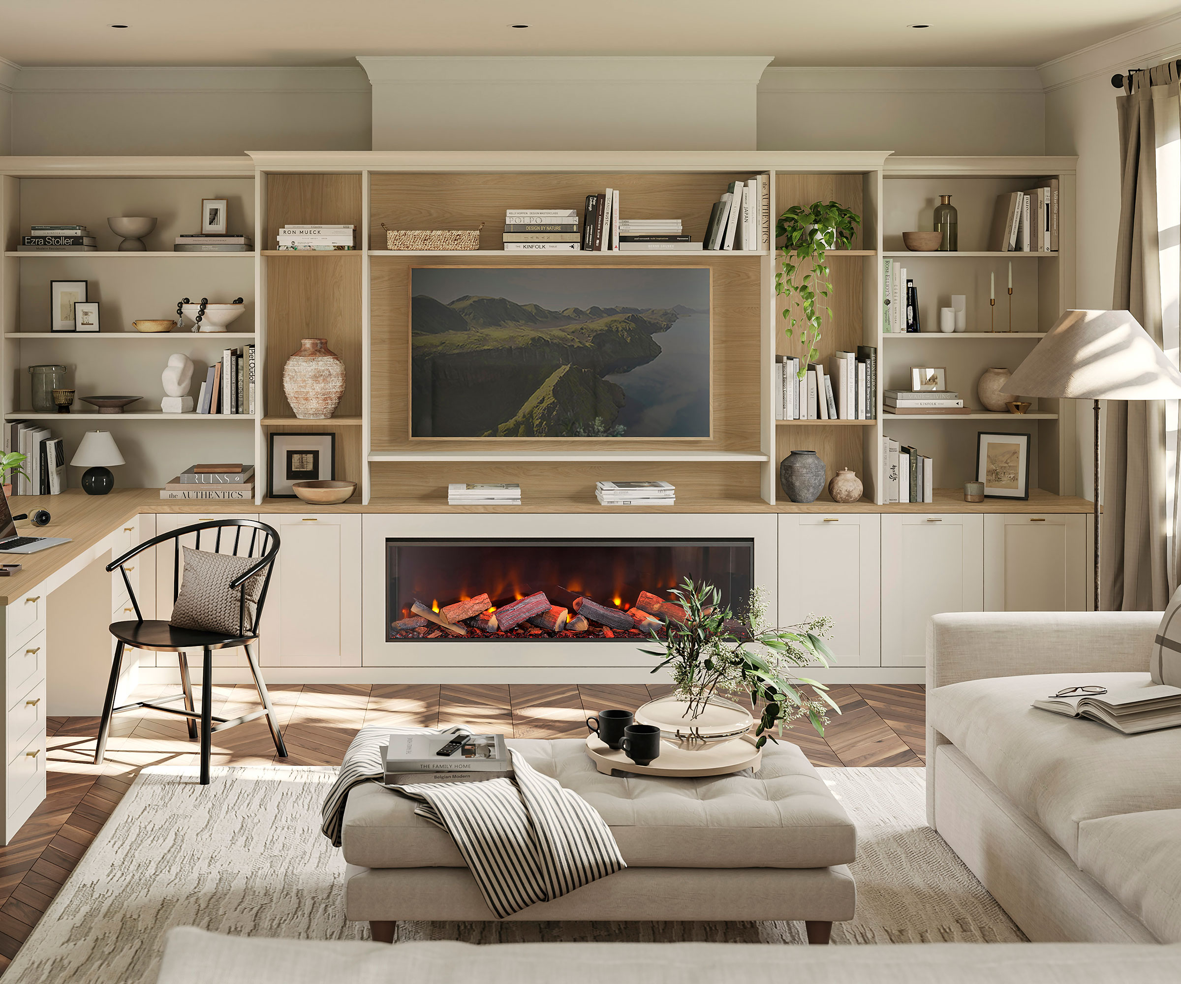 cream living room with modern fire and home office corner