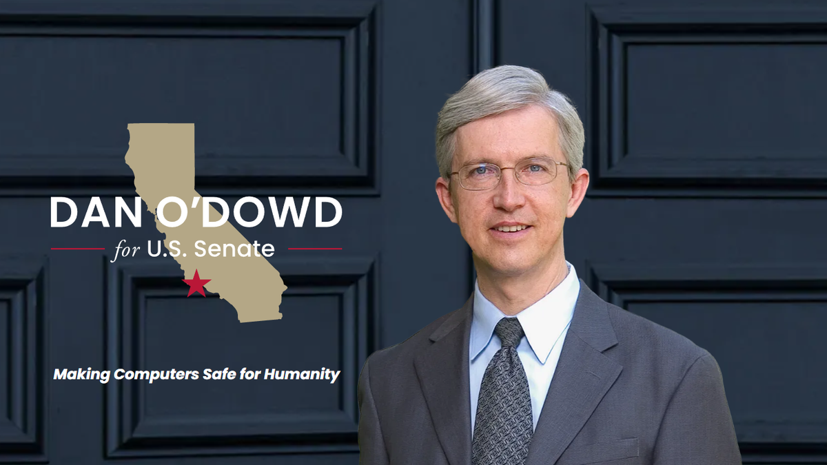 A screenshot of US Senate hopeful Dan O&amp;#039;Dowd stood next to a graphic of the California state map