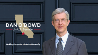 A screenshot of US Senate hopeful Dan O'Dowd stood next to a graphic of the California state map