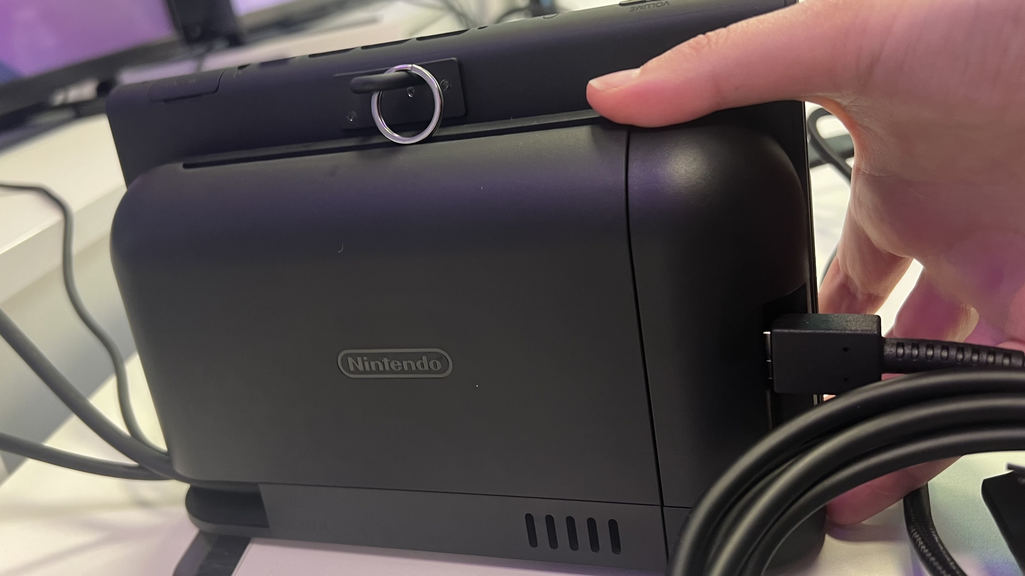 Rear side of Nintendo Switch 2 dock, showing larger size of fan housing