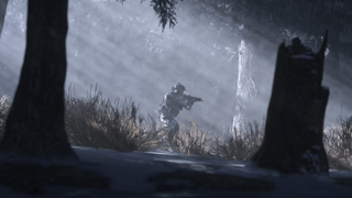 A lone soldier walking through a forest