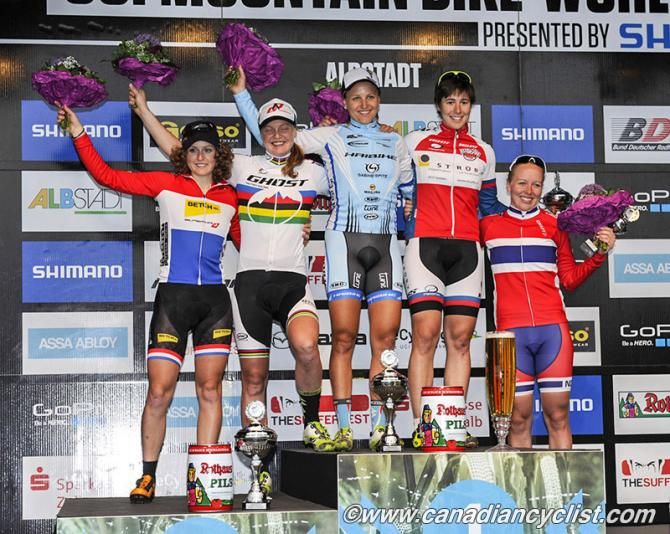 Elite women's eliminator podium in Albstadt: Anne Terpstra, Alexandra Engen, Kathrin Stirnemann, Linda Indergand, Ingrid Boe Jacobsen