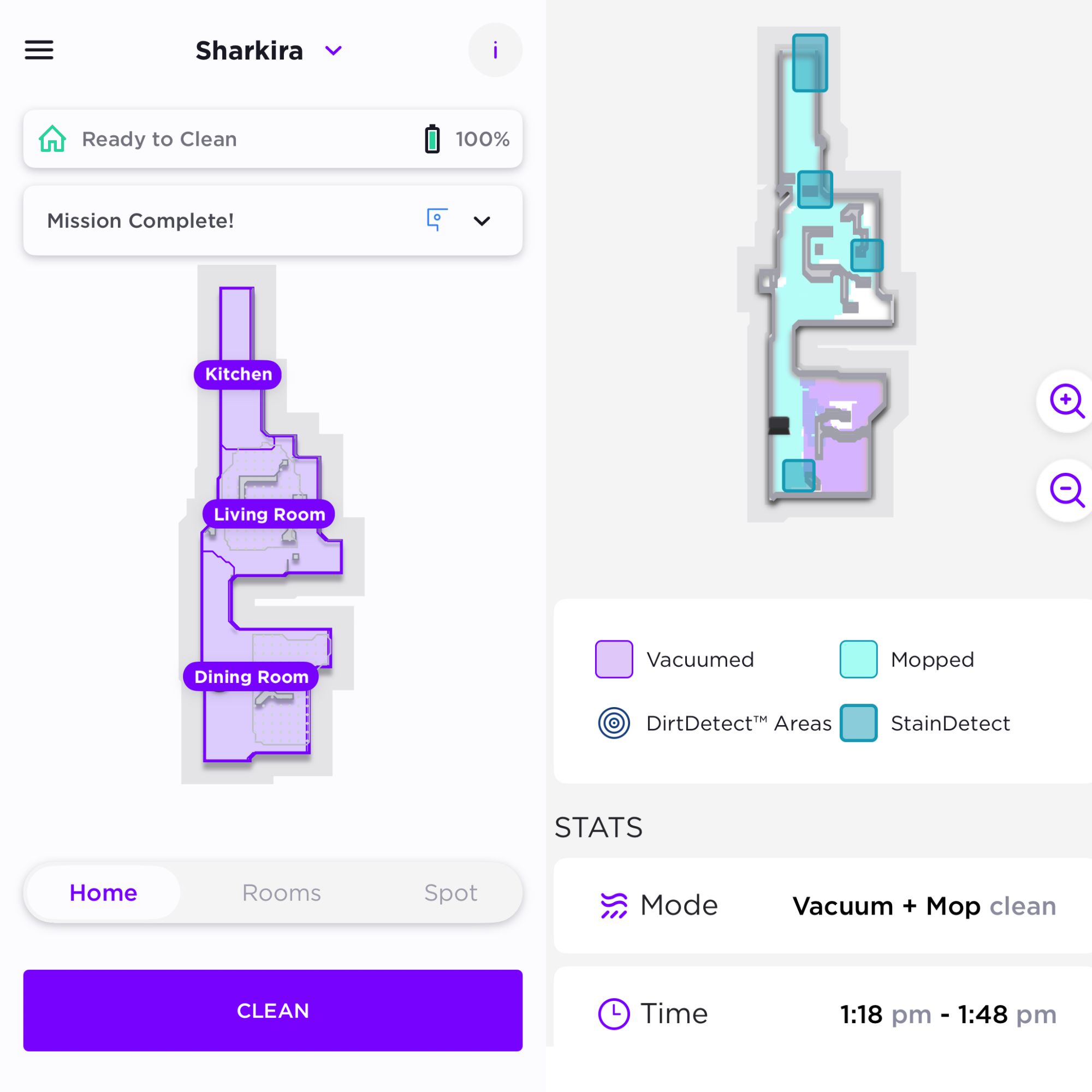 Screenshots from the Shark PowerDetect UV Reveal app, showing different modes and setting options