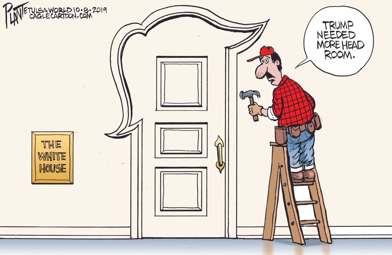 Political Cartoon U.S. Trump Big Head New Door