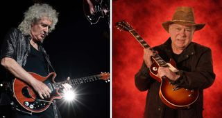 Brian May plays the Red Special live onstage; on the right, William Shatner holds what looks like an AI-generated Les Paul
