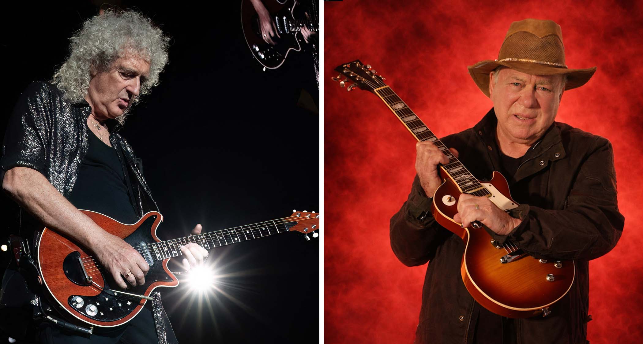 Brian May plays the Red Special live onstage; on the right, William Shatner holds what looks like an AI-generated Les Paul