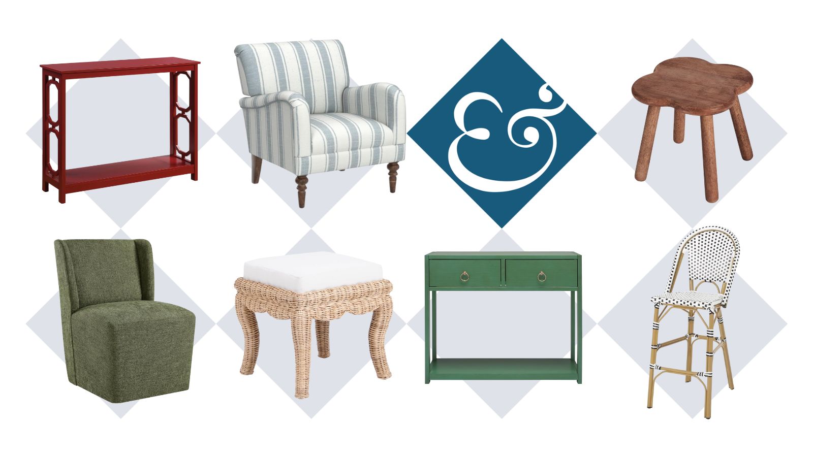 collage of amazon furniture including a white and blue striped chair, red console, green console, bistro bar stool, wooden stool, and green dining chair
