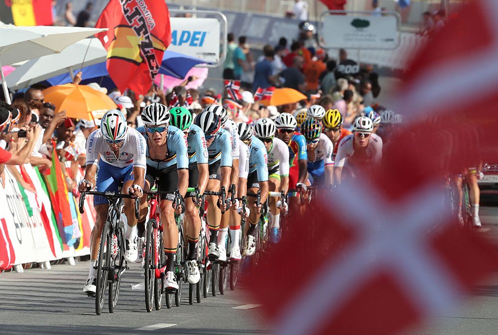 Elia Viviani (Italy) taking a turn on the front at the World Championships