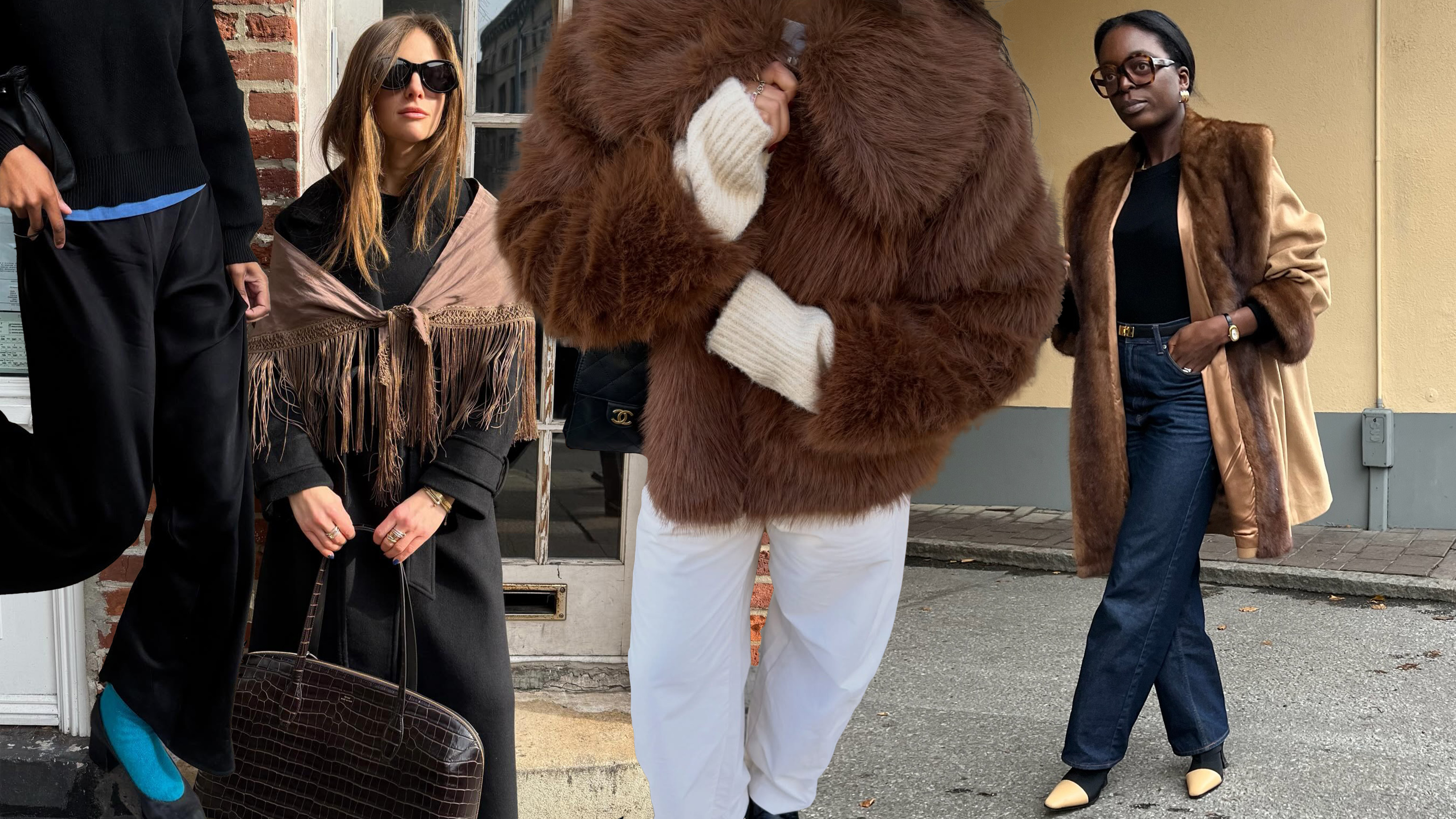 A collage of women wearing winter outfits.