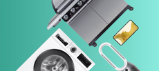 A decorative image of kitchen appliances and electronics on a teal background.