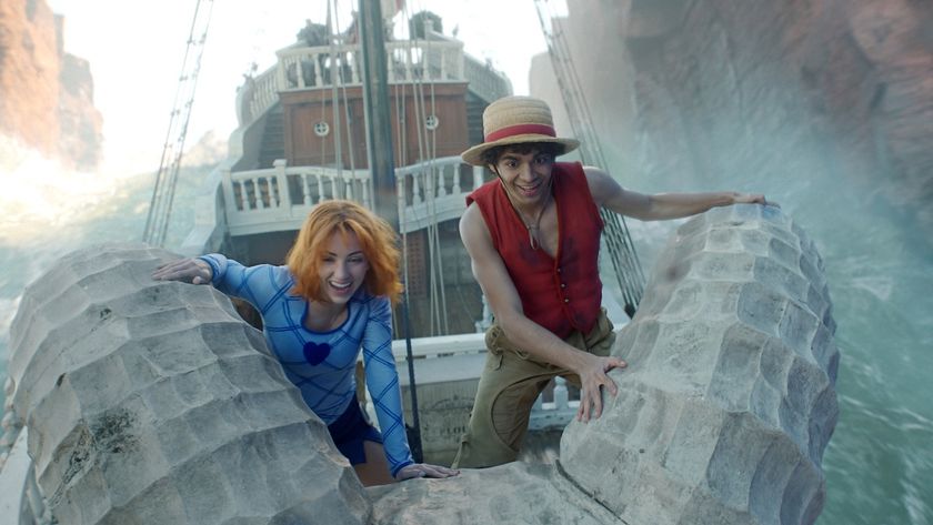 Luffy and Nami at front of the Going Merry while sailing down waterfall in One Piece Season 2