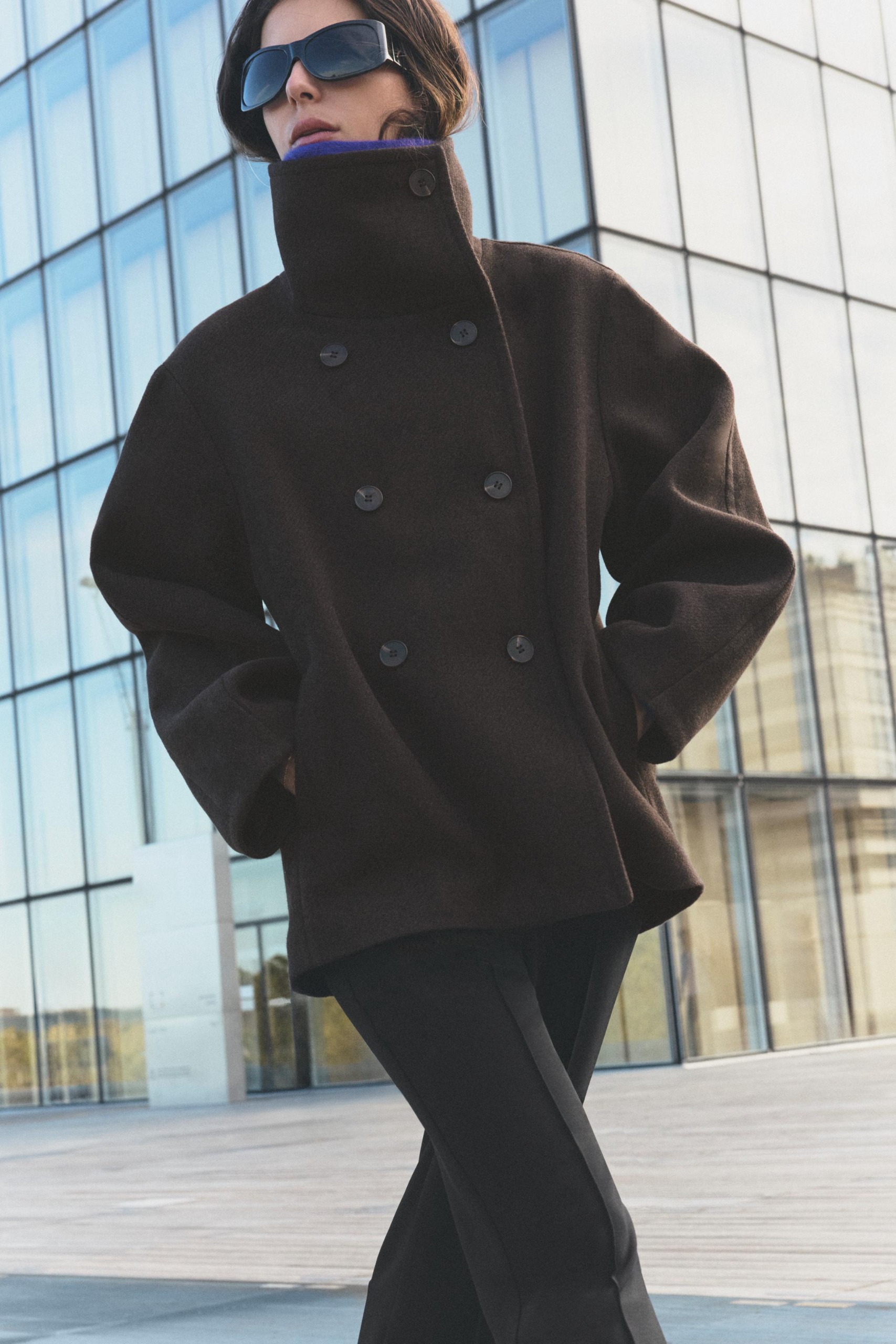 Short High Collar Coat - Brown - Xs