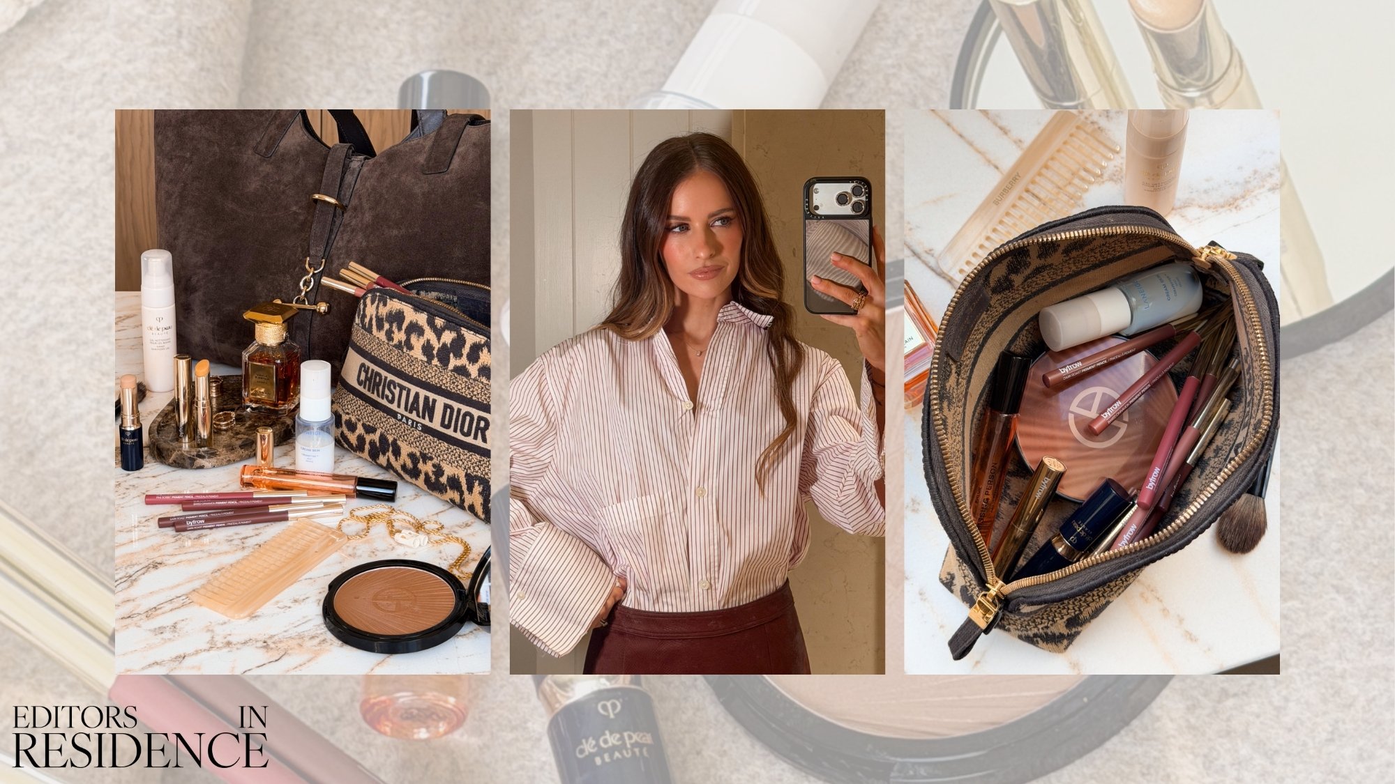 A collage of pictures of the products inside Victoria Magrath's handbag