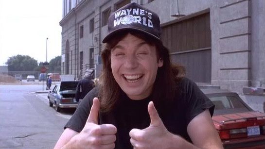 Mike Myers in Wayne&#039;s World giving two thumbs up