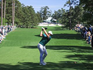 Viktor Hovland hits a tee shot at The Masters 2023