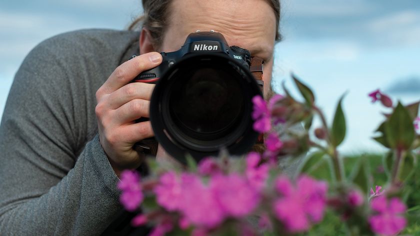 Mike Harris with Nikon 300mm f/4 behind pink flowers 