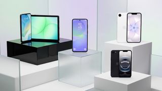 A selection of Apple and Samsung smartphones on a glassy background.