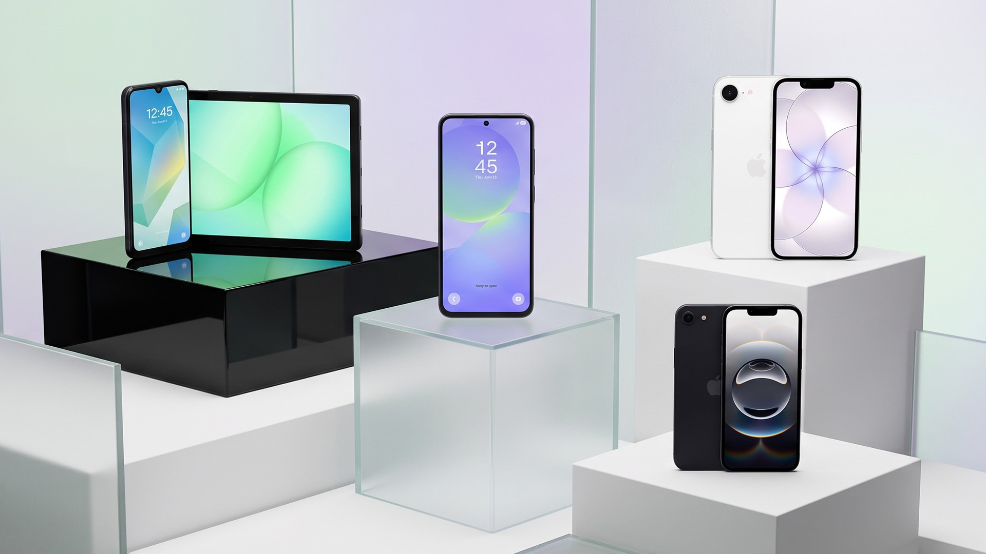 A selection of Apple and Samsung smartphones on a glassy background.