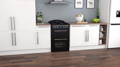 the Leisure Gourmet GRB6GVK Gas Cooker, one of the best freestanding ovens, in the middle of a sleek modern kitchen with white cupboards, a wooden floor, and animal prints on the blue walls