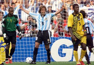 Gabriel Batistuta (centre) celebrates after scoring one of his three goals for Argentina against Jamaica at the 1998 World Cup.