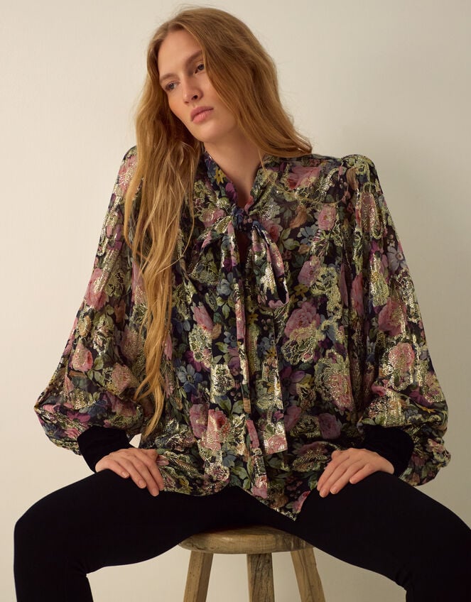 Monsoon X Queens of Archive Patti Metallic Floral Jacquard Blouse&amp;#8203; Black