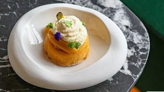 Rum Baba, Chantilly cream and compressed peaches