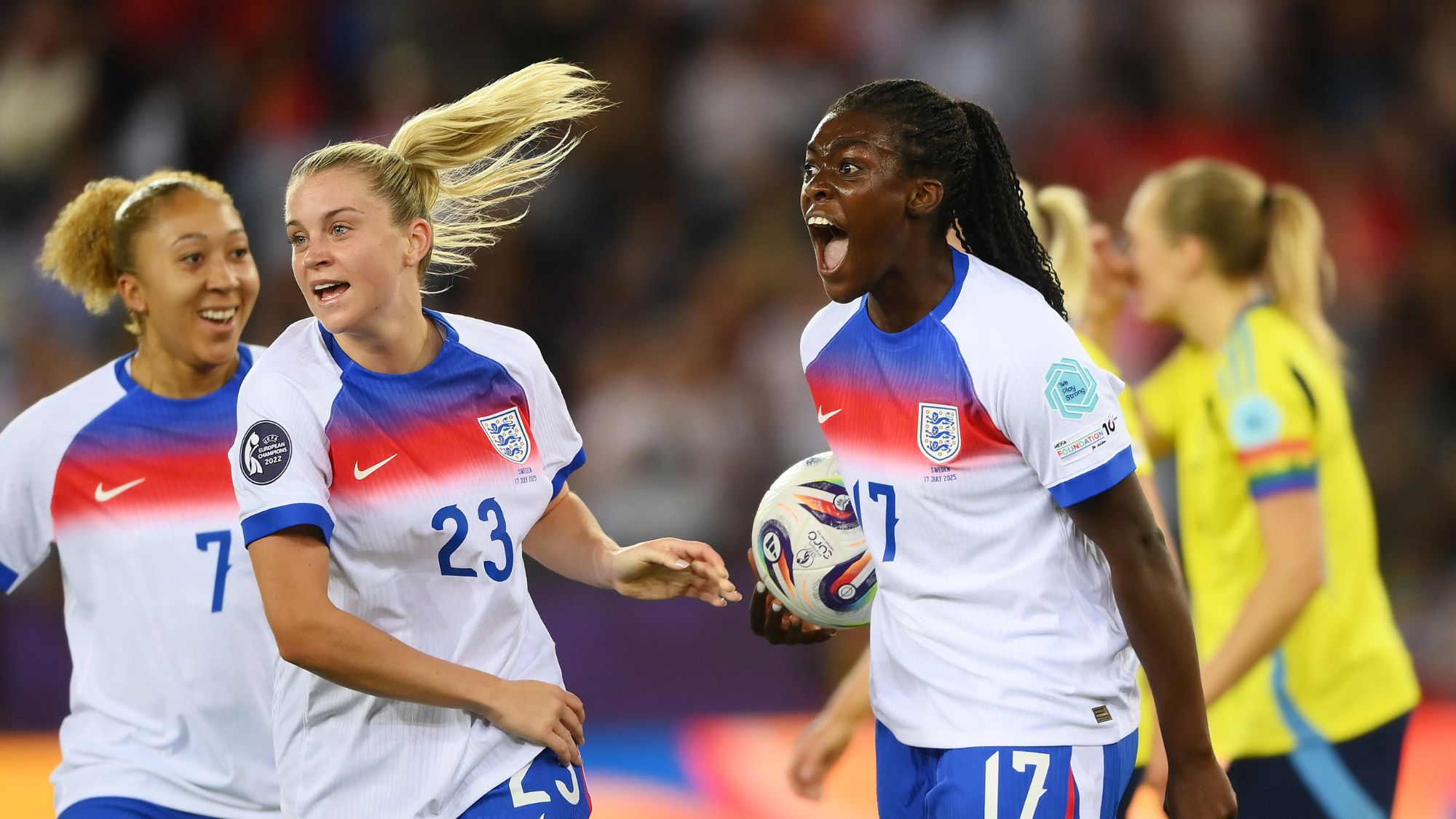 Michelle Agyemang celebrates scoring a goal in the UEFA Women's Euro 2025 quarter-final