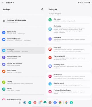 Galaxy AI settings on Fold 6