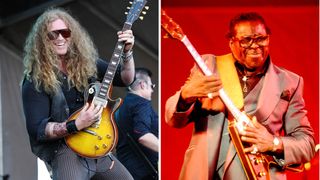 Jared James Nichols wrestles his Les Paul onstage and wears dark sunglasses. On the right, his hero, Albert King, works his fingerstyle magic on a V-style electric and looks sharp in a gray suit.