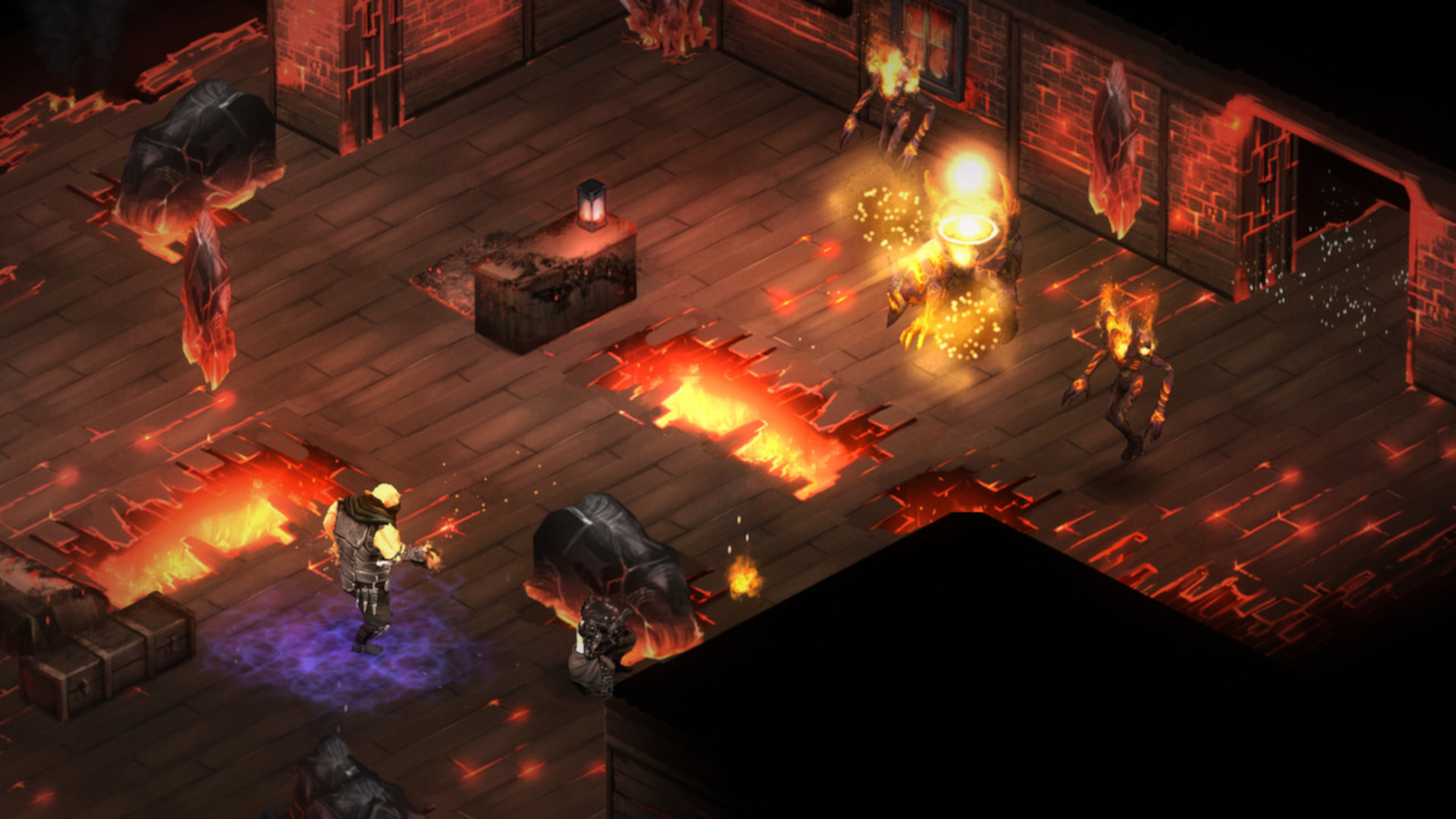 In Shadowrun Dragonfall a fire-laden fight plays out inside of a building, with enemies firing shots
