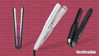 Dyson Corrale, GHD Unplugged and Remington Hydraluxe Pro hair straightners on a red background