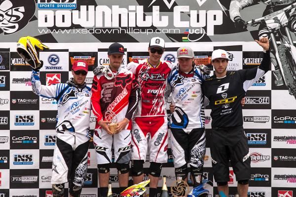 Elite men's podium in Leogang. Greg Minnaar won the race.
