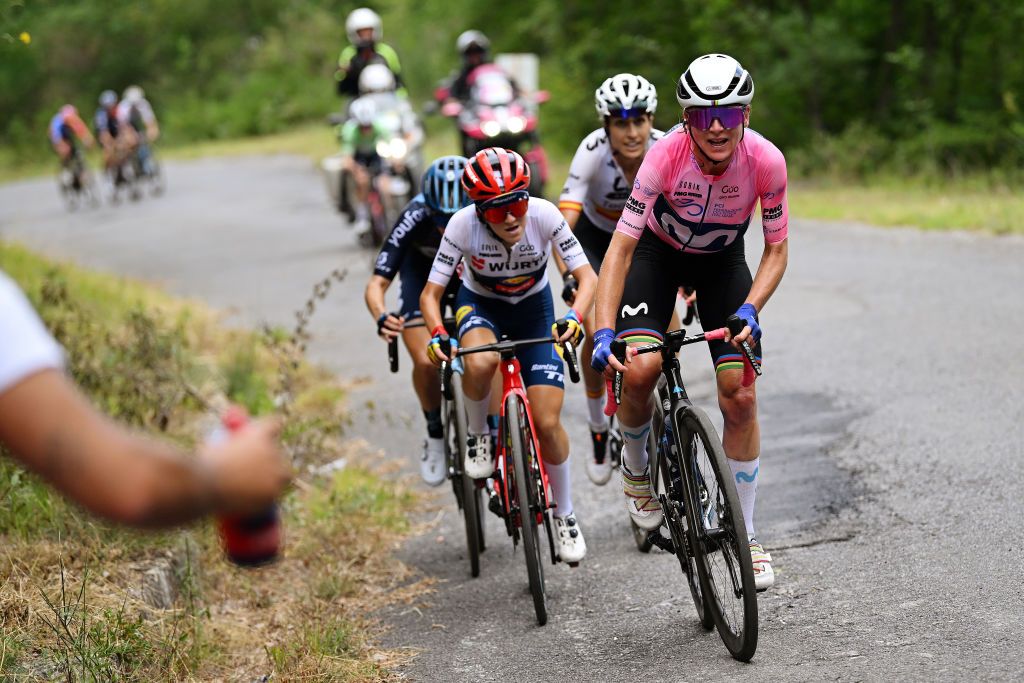 ALASSIO ITALY JULY 06 EDITORS NOTE Alternate crop LR Gaia Realini of Italy and Team Lidl Trek White Best Young Rider Jersey Mavi Garcia of Spain and Team Liv Racing TeqFind and Annemiek Van Vleuten of The Netherlands and Movistar Team Pink Leader Jersey compete in the breakaway during the 34th Giro dItalia Donne 2023 Stage 7 a 1091km stage from Albenga to Alassio Santuario della Guardia 551m UCIWWT on July 06 2023 in Alassio Italy Photo by Dario BelingheriGetty Images