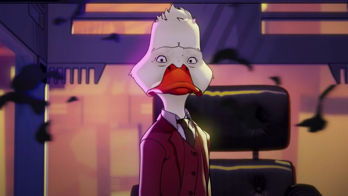 Howard the Duck (Seth Green) stares at T&#039;Challa on What If...? (2021)