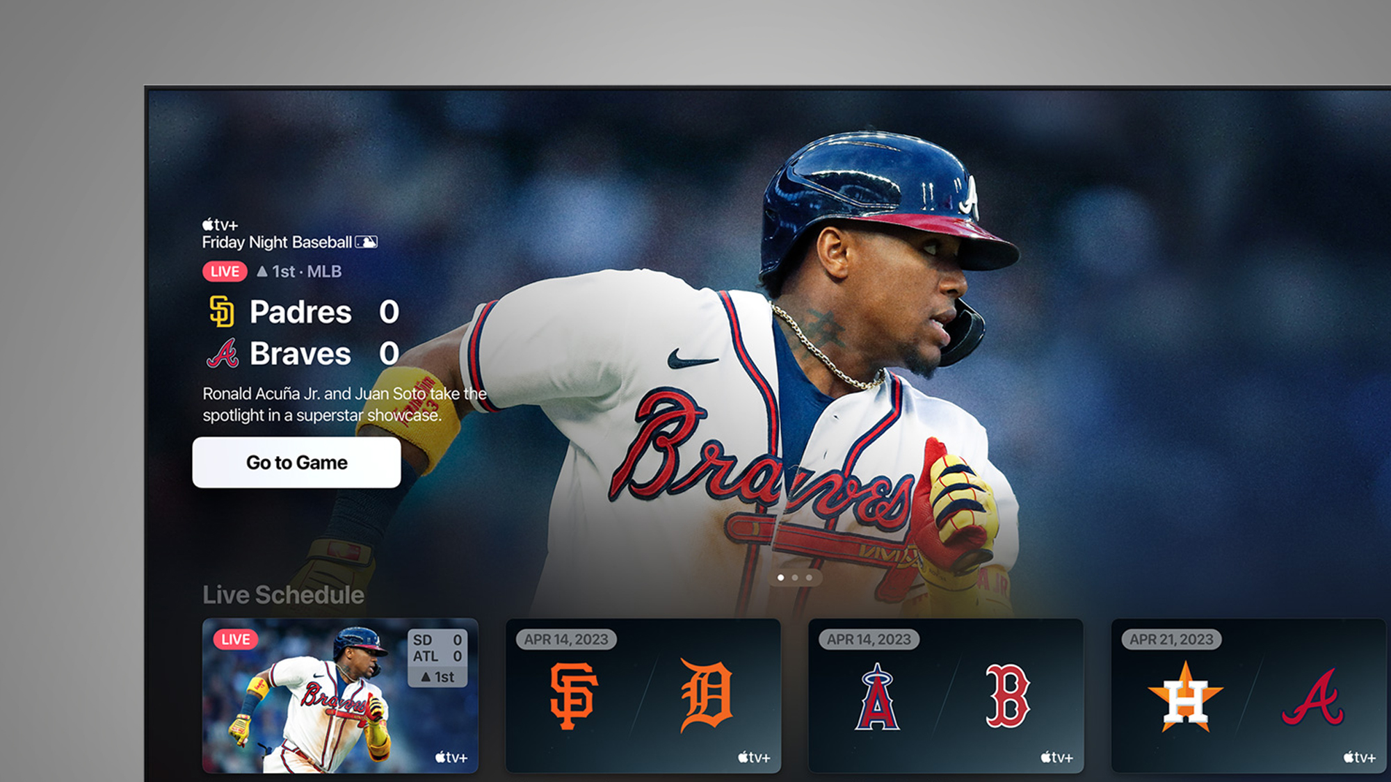 A TV screen on a grey background showing baseball on Apple TV Plus