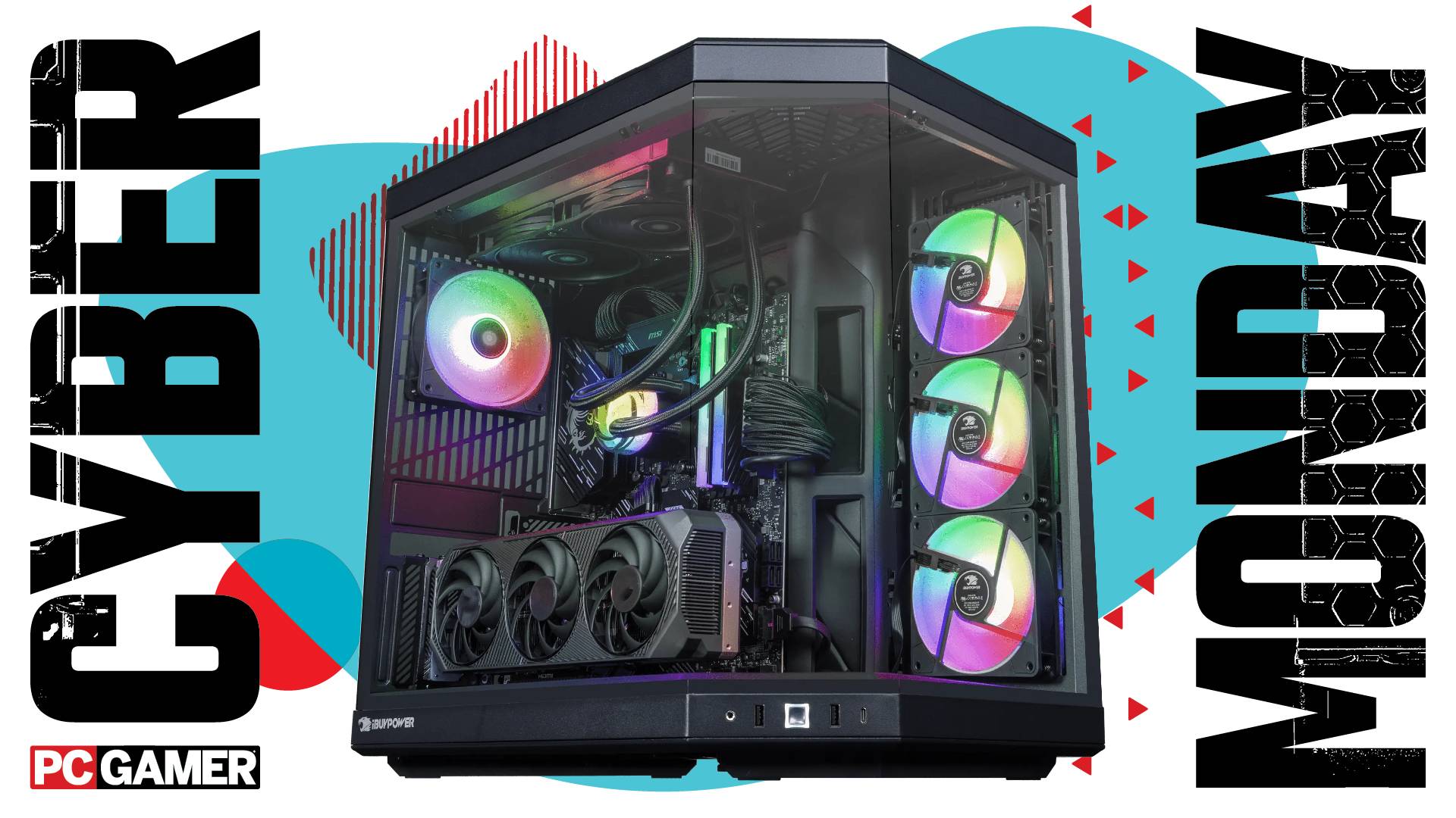 An iBuyPower RDY Y70 gaming PC on a Cyber Monday background