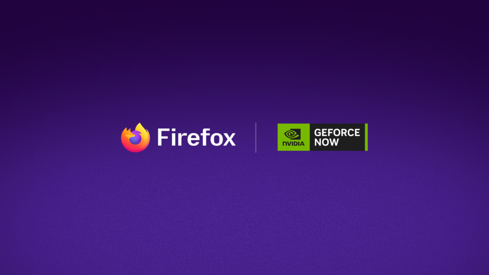 Mozilla Firefox browser and NVIDIA GeForce NOW cloud gaming logos on a purple gradient background