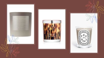 A selection of the best autumn candles on a burgundy background with floral graphics.