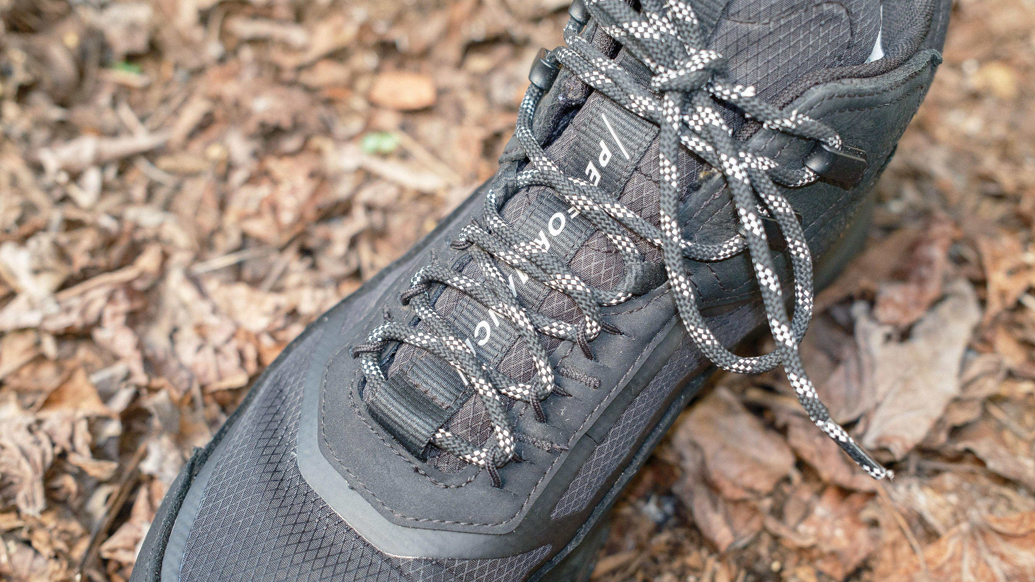 The Timberland Motion Access Mid Waterproof Sneakers (shown in black) from above show the laces