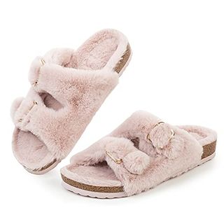 Fitory Womens Open Toe Slipper With Cozy Lining,faux Rabbit Fur Cork Slide Sandals